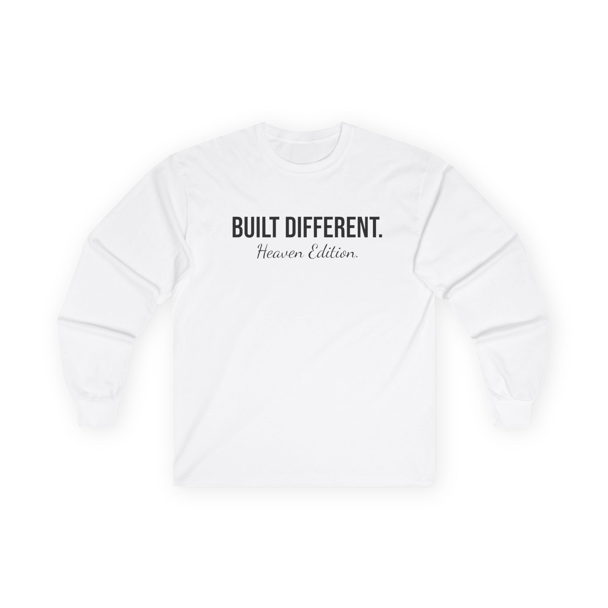 Built Different Long Sleeve Tee — "Built Different. Heaven Edition" Minimal Graphic Shirt